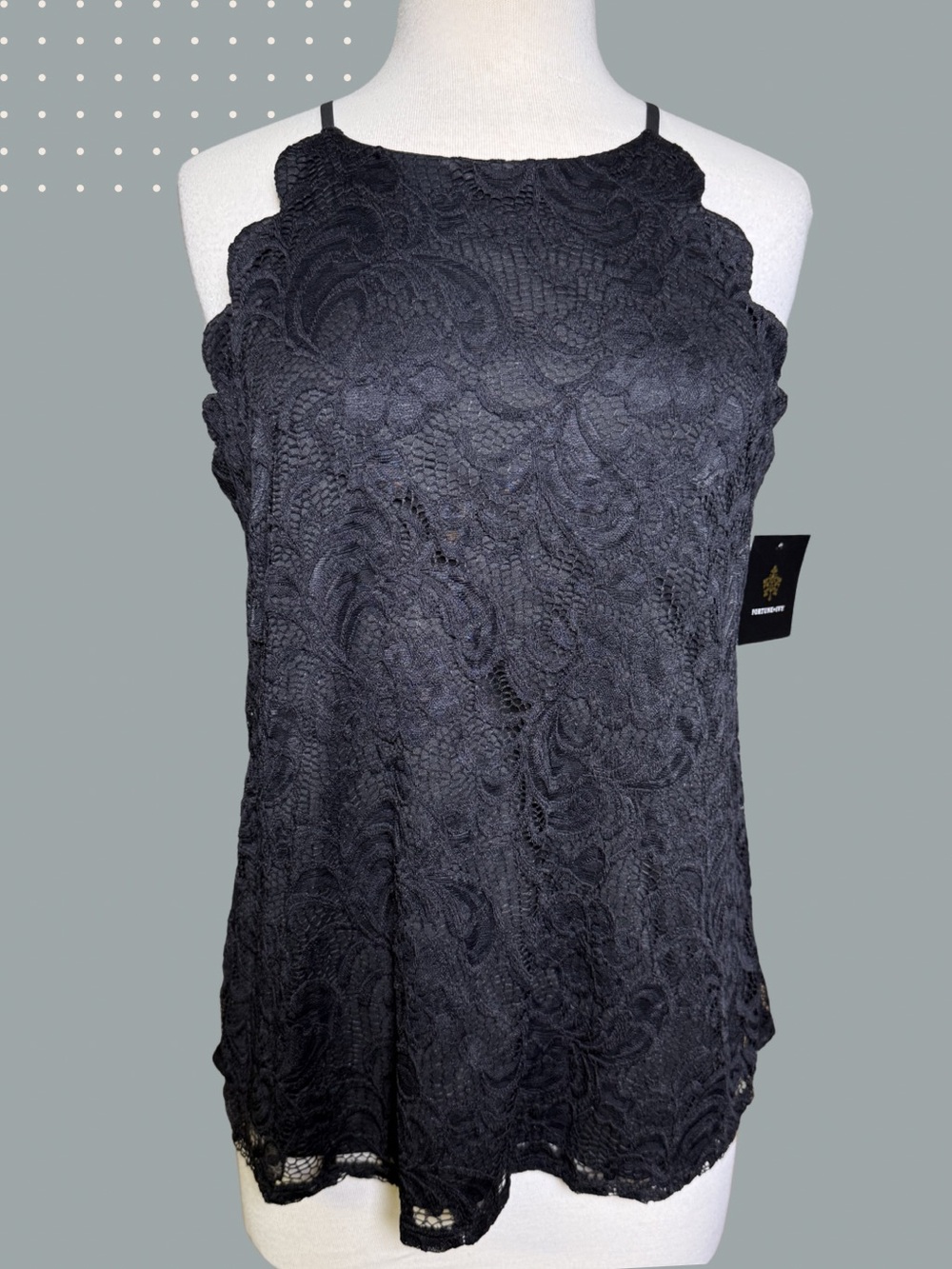 NWT Fortune + Ivy Black Lace Shell Tank Scalloped Sleeveless Top Women’s Large